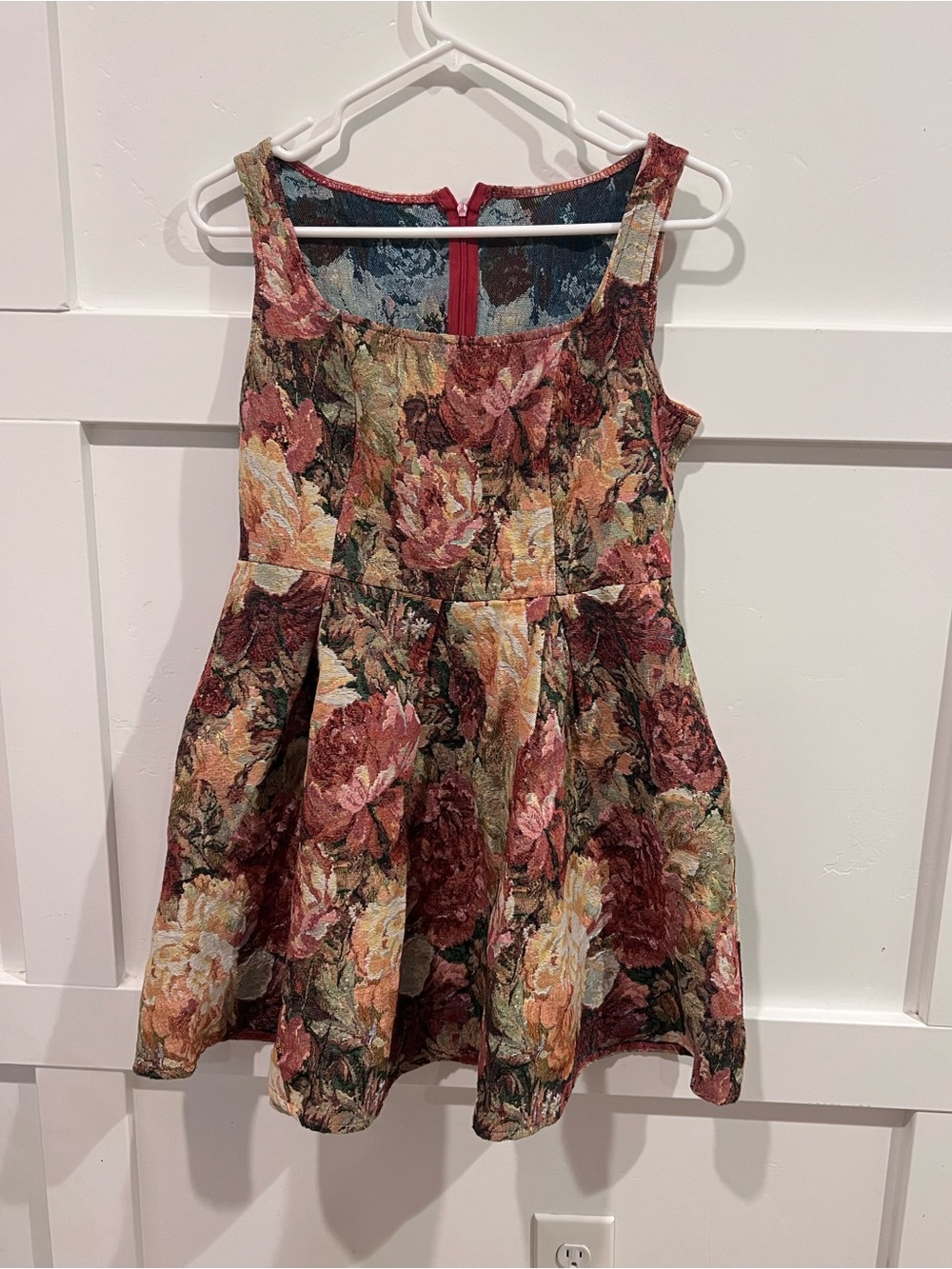 Floral Jacquard Mini Dress in Burgundy and Cream